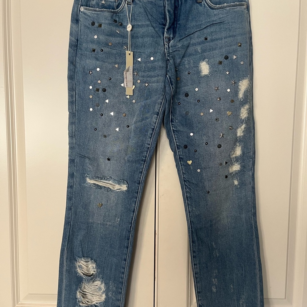 Embellished Blue Crop Girlfriend Jeans
